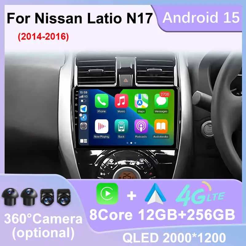 WIFI Bluetooth for Nissan Latio N17 2014 - 2016 RHD Car Radio Android 15 Carplay GPS Navigation 360 Camera Auto Multimedia Video