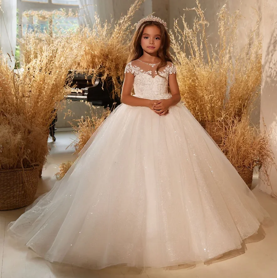 

Elegant Flower Girl Dress For Wedding Lace Shining Tulle Floor Length Kids Birthday Party Gown Princess First Communion Dress