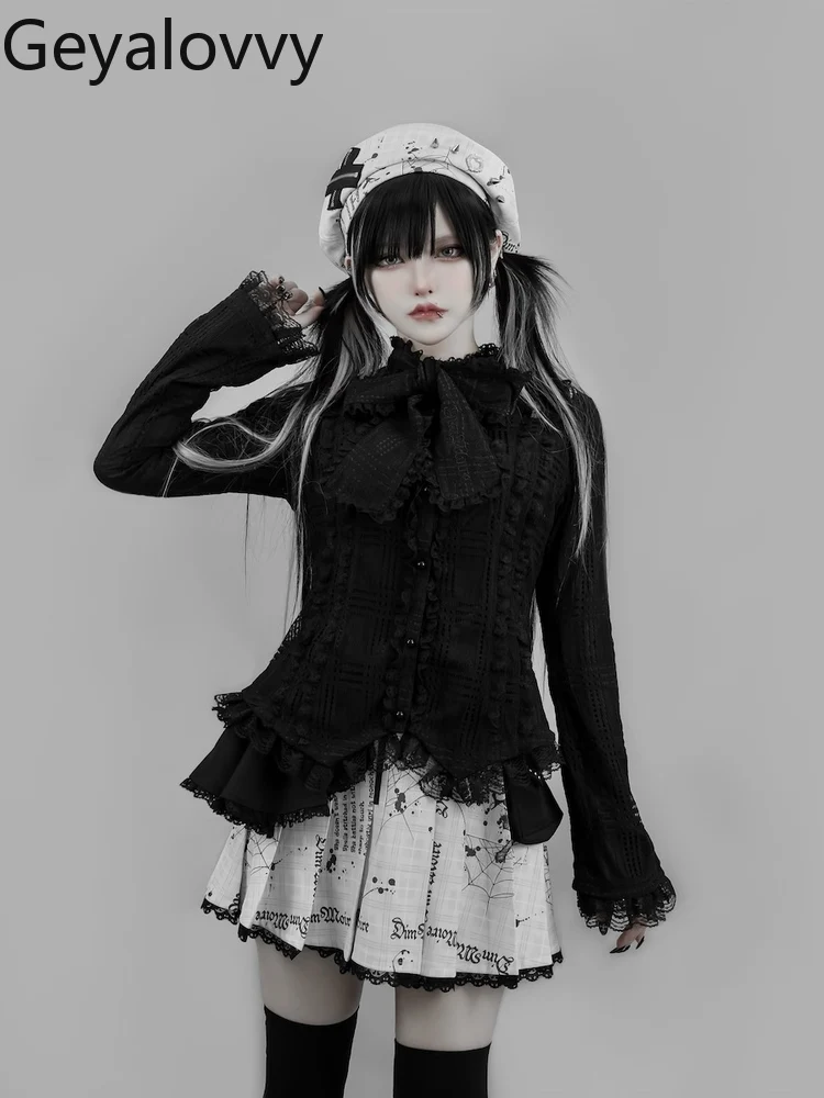 

Japanese Sweet Girl Style Bow Long Sleeve Shirt Lolita High Waist Slimming Blouse Lace Ruffle Design Niche Inner Wear Tops