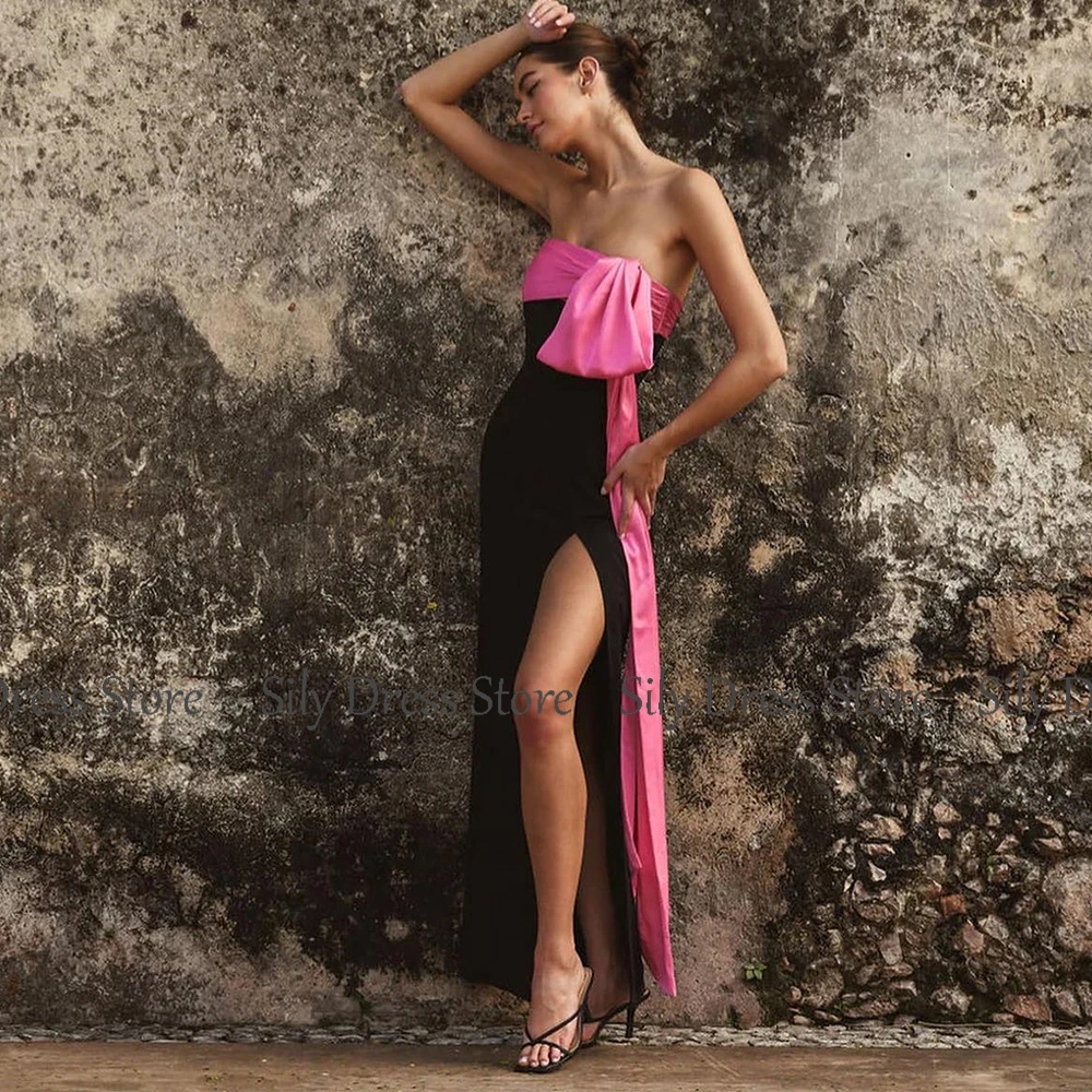 Vestidos de cóctel con clase para mujer, vestido de cumpleaños con vaina/columna de Jersey 2025, vestidos de fiesta con abertura lateral drapeados sin tirantes en negro y rosa