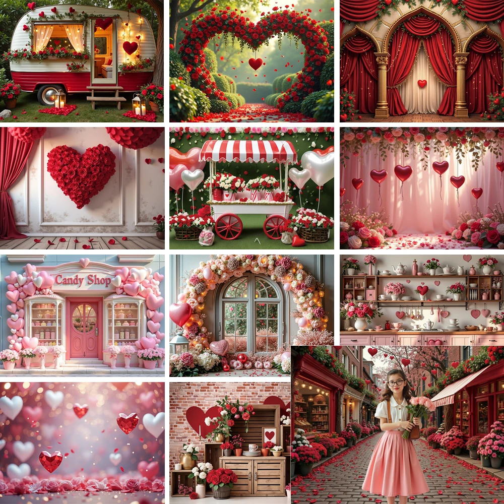 

MOON.QG Valentine's Day 2026 Photographic Background Red Pink Curtains Wooden Cabinet Rose Flower Backdrop Photocall Shooting