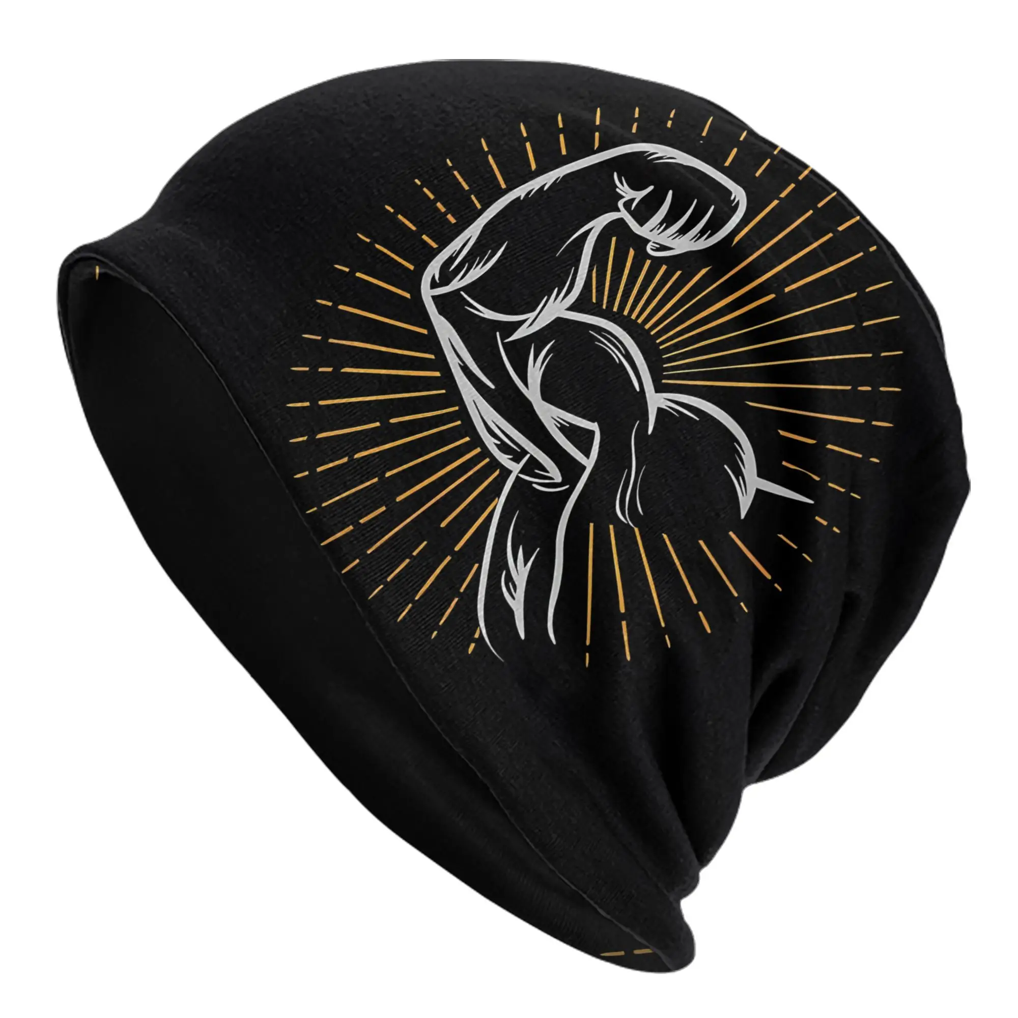 Men'S Black Gym Hat with White & Yellow Graphic Design Soft, Breathable Polyester Knit, Perfect for Running Fitnes