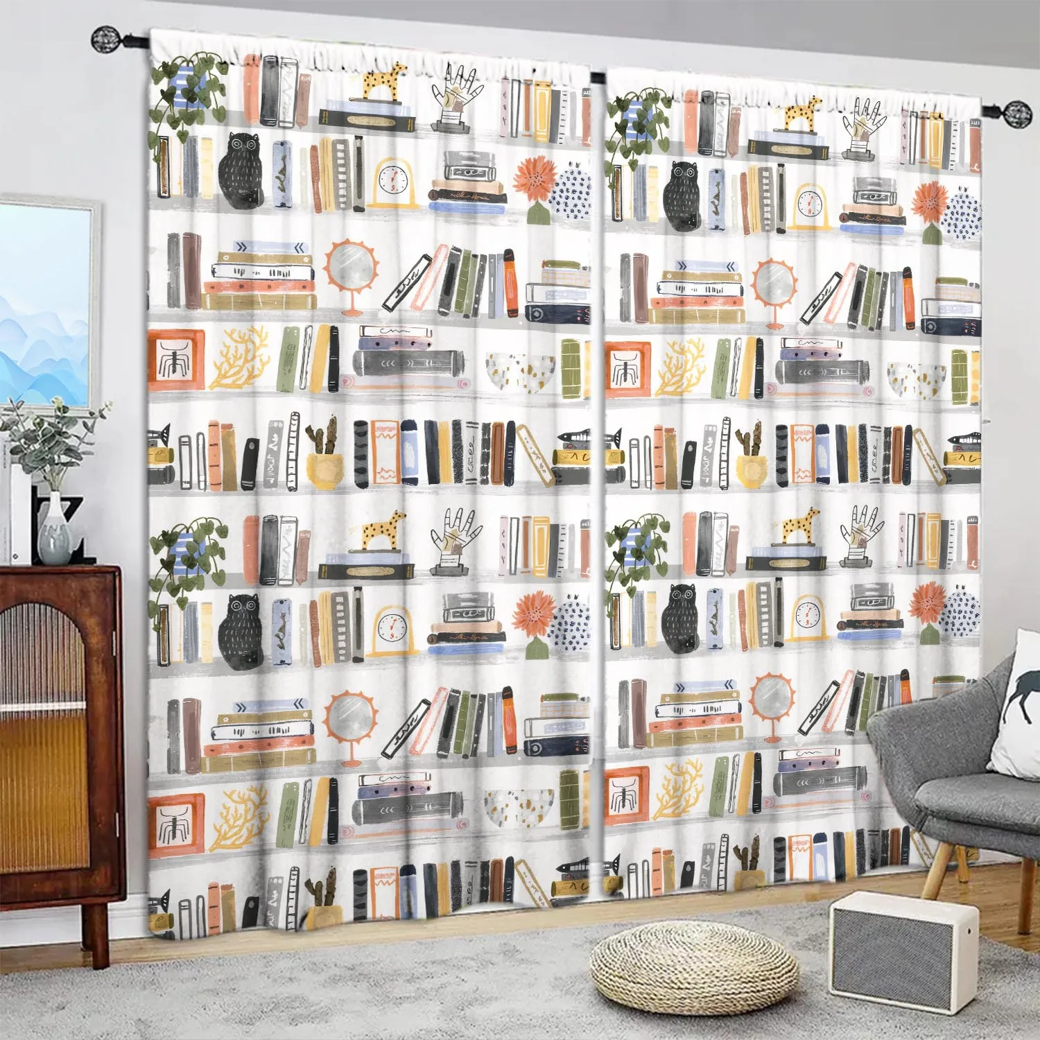 Vintage Bookshelf Curtains, Library Print Drapes, Books Pattern Window Treatment, Study Room Home Decor Blackout
