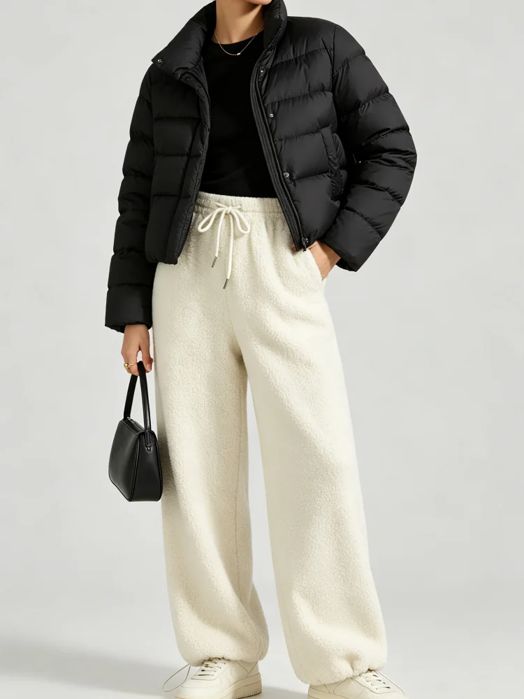 Women Pants Teddy Fleece Wide Leg Trousers, High Waist Drawstring Elastic Waist Cuffed Hem Solid Loose Casual Winter Loungewear