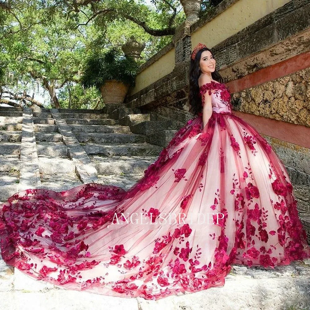 ANGELSBRIDEP abito da ballo romantico abiti Quinceanera Vestidos De 15 asenos quinceaeceras con fiori rossi 3D Appliques perle