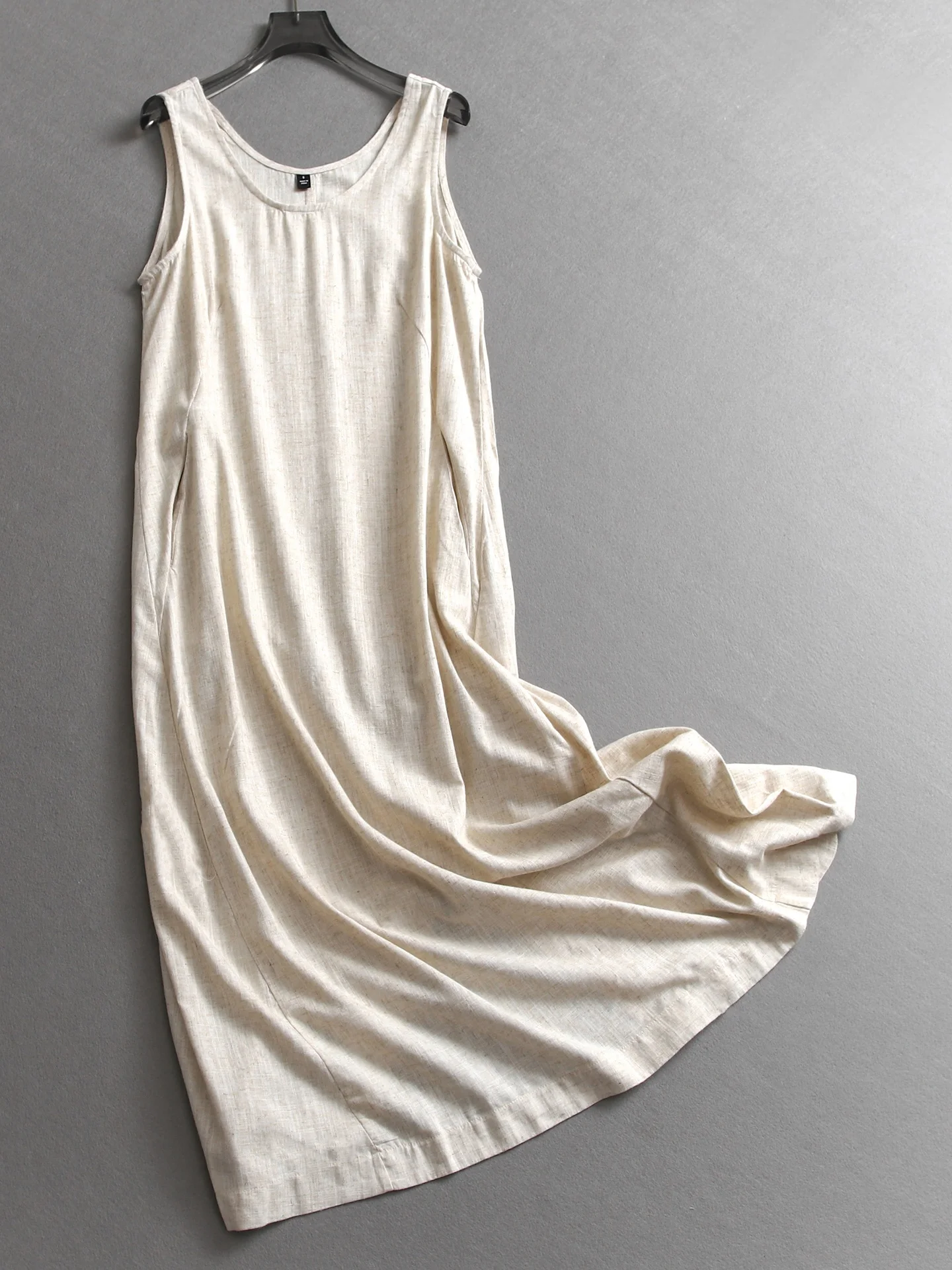Simple  Color Cotton Linen Skin-friendly Loose Slim round Neck Elegant Sleeveless Vest Dress Long Women's Dress Skirt