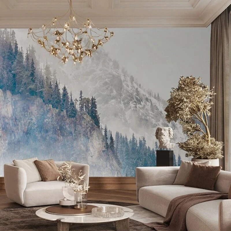 High-end light luxury blue and gray distant mountain landscape artistic conception picture TV luxury home decoration background