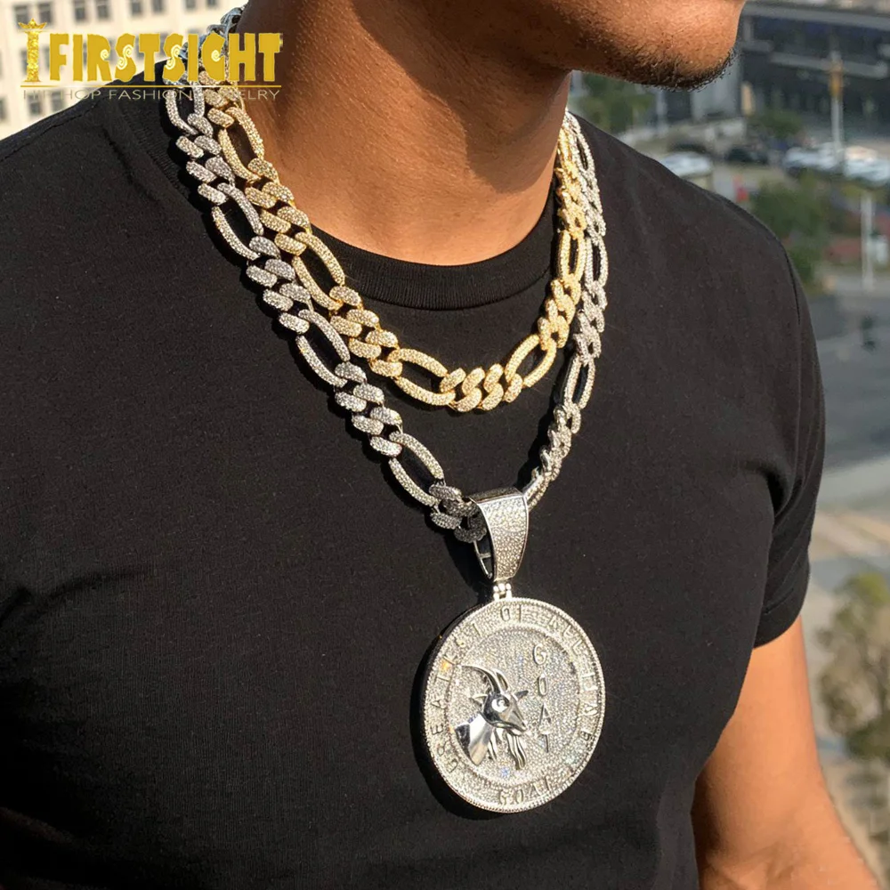 New Iced Out Bling CZ Letter Goat Pendant Necklace Cubic Zirconia Figaro Cuban Chain Badge Charm Men Hip Hop Jewelry