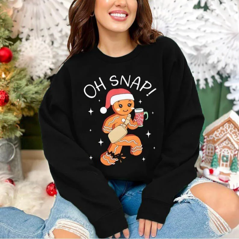 

Oh Snap Gingerbread Man Print Pullover Hoodie Long-sleeved Round Neck Loop Women's Christmas Hoodie in Stock