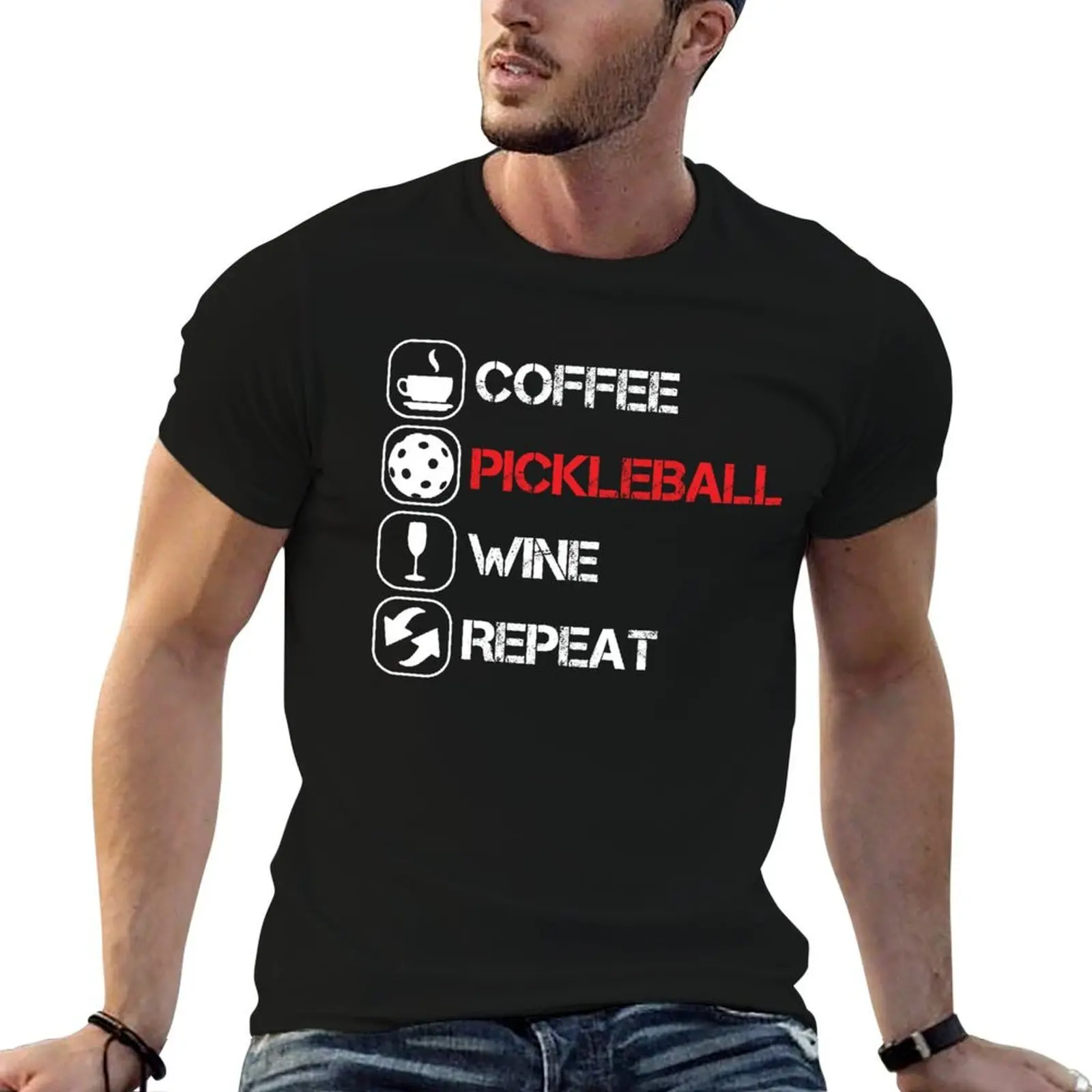 Coffee Pickleball Wine Repeat T-Shirt man t shirt heavy cotton essential t shirt T-Shirt
