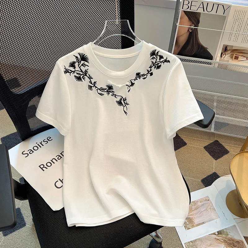 

Trendy Flower Embroidery Tshirt Summer Big Size white Fashion Splicing Tshirts Casual Seven Sleeve T-shirt Women Tee Tops cloth