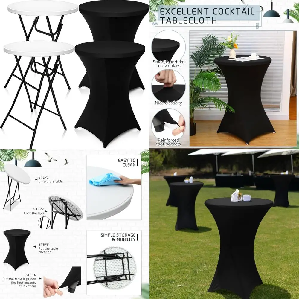 

White 32-Inch High Top Round Folding Cocktail Tables Set of 2 with Detachable Legs and 32x43 Spandex Table Cover