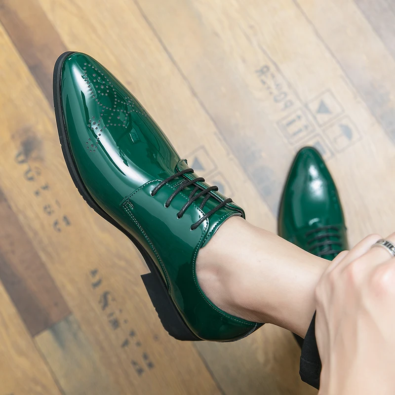 Luxury Brand Genuine Leather Green block Shoes Men Breathable Lace Up Pointed Toe Formal Dress Shoes Party Office high quality