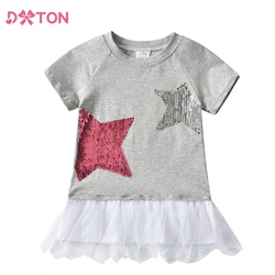 DXTON Short Sleeve Girls T-shirts Summer Toddler Cotton Baby Tees Sequined Star Kids Tops For Girls Mesh Patchwork Girls Clothes