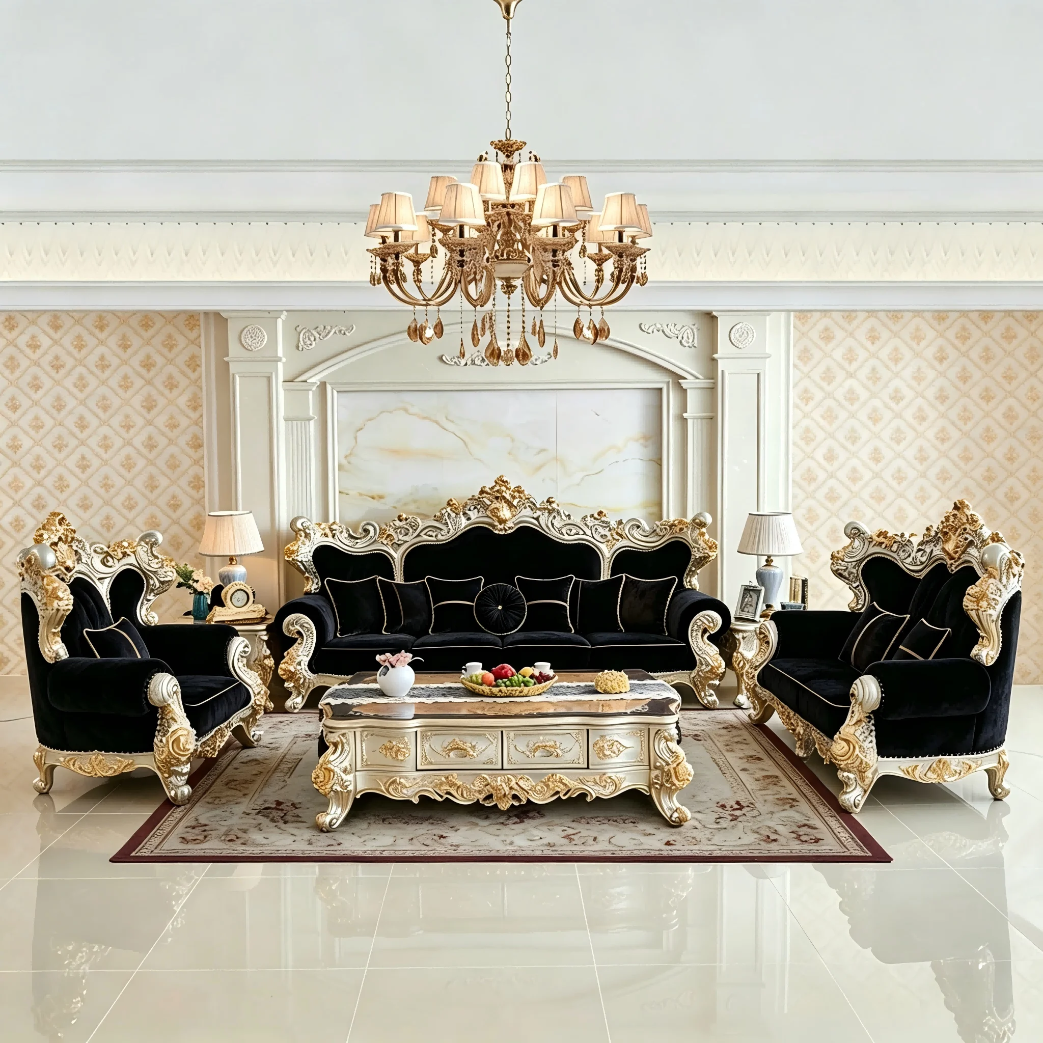 #French Royal Luxury Antique Living Room Furniture Fabric Wood Carved L-Shape Sofa Gold European Wooden Sofa Set High Density