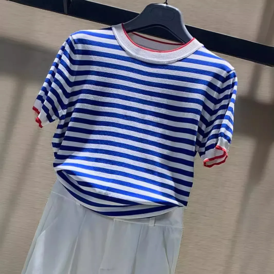 Gogai New 2024 Summer Blue And White Striped Loose Fit Slimming Top Thin Ice Silk Knitted Top Short Sleeves T Shirt For Women