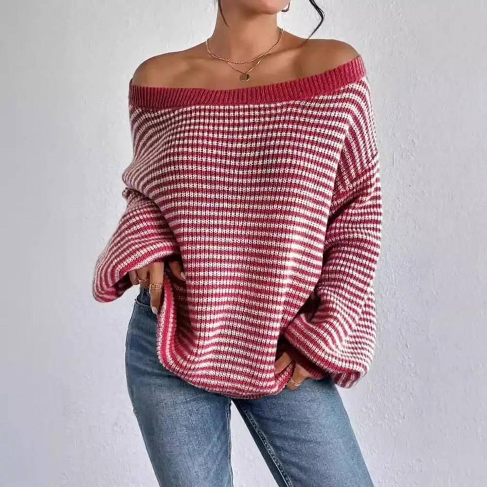 Soft Stretchy Fabric Sweater Loose Sleeve Sweater Striped Print Off Shoulder Women's Sweater Oversized Long Sleeve Knit Pullover