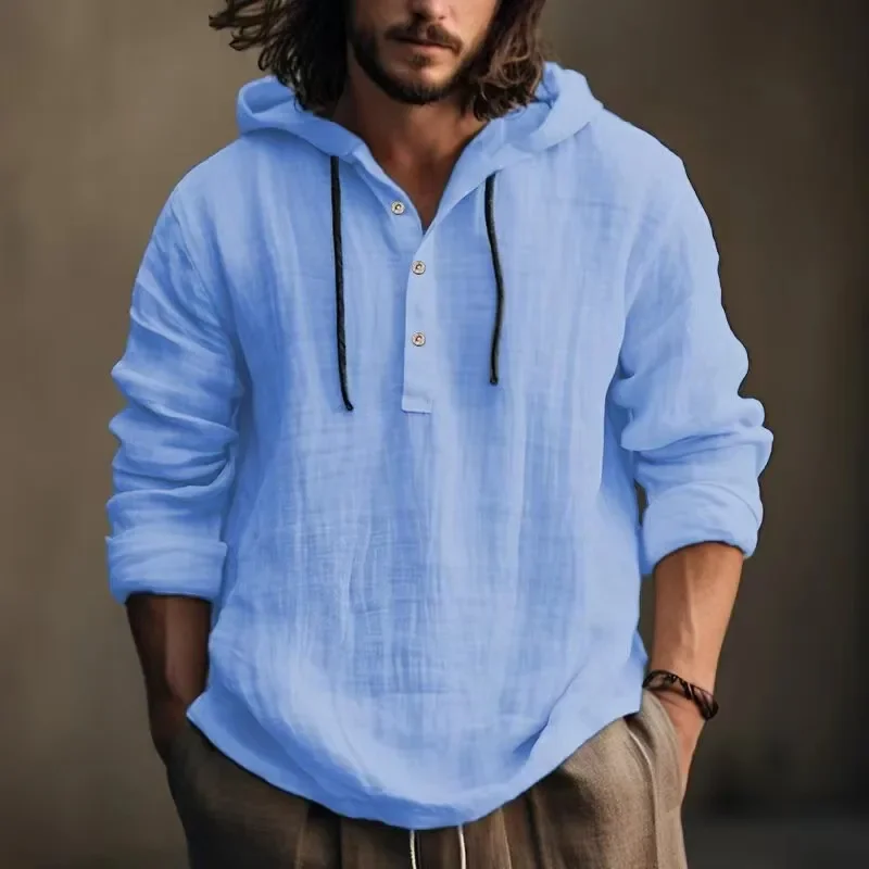 Men Shirts Hoodie Blouse Long Sleeve Buttons Pullover Solid Comfortable Cotton Linen Casual Loose Holiday Shirts Male Tee Tops