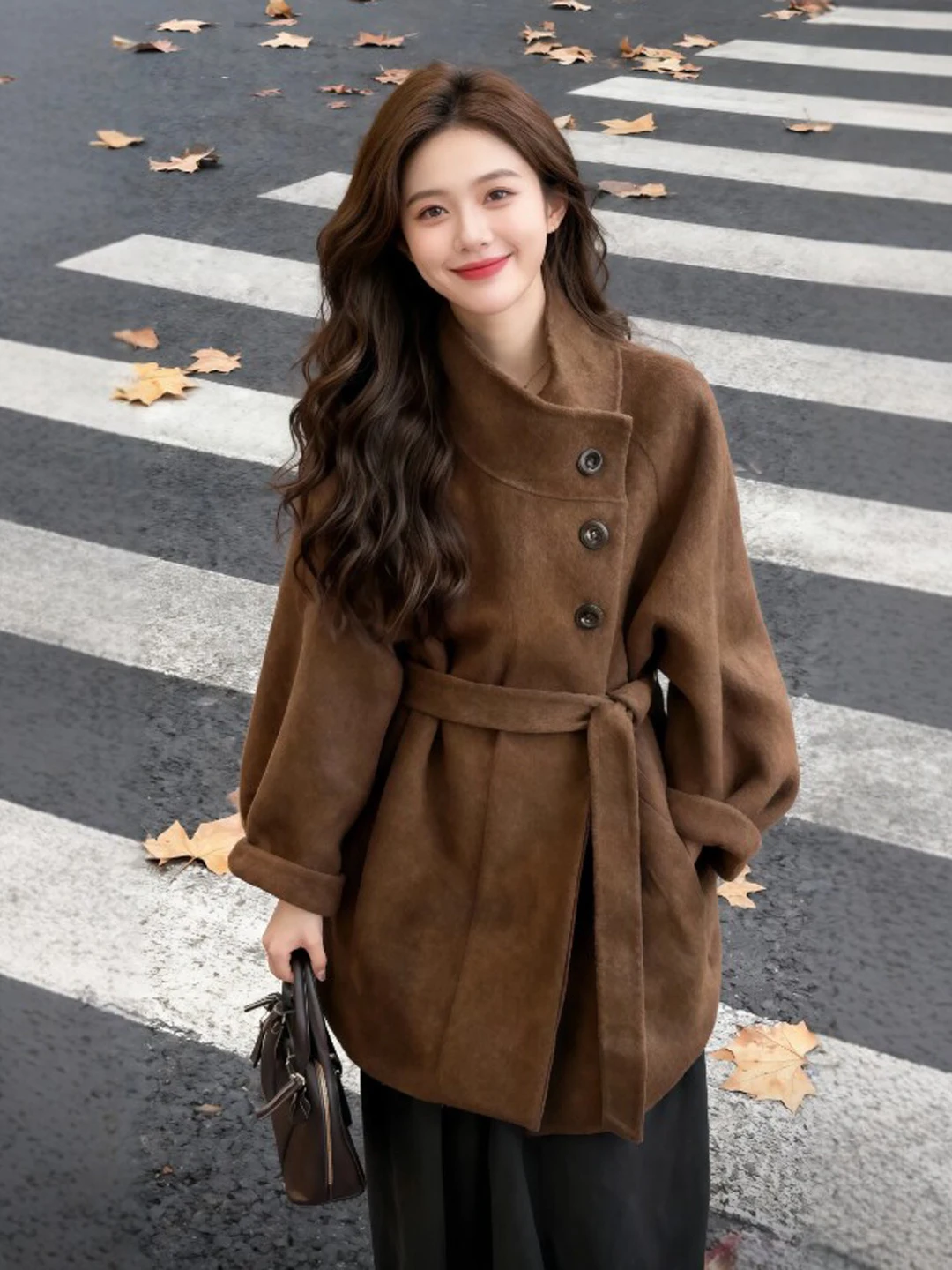 

Корейское модное шерстяное пальто с поясом на талии, длинными рукавами и круглым подолом, теплое, повседневное, для путешествий и ежедневной носки