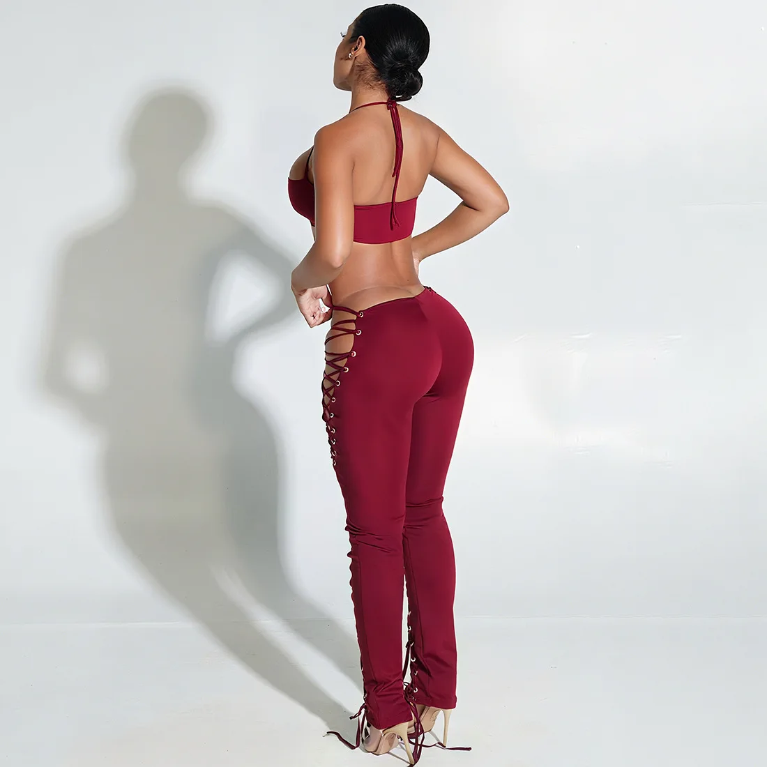 Bangniweigou Solid Color Neck Strap Vest Sexy Lace-up Ripped Trousers Two-piece Set Tops and Pants