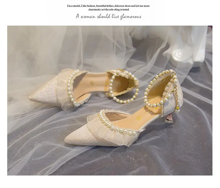 Weiße Hochzeitsschuhe für Damen 2026 Sommer Luxus Seide Perlen Knöchelriemen High Heels Pumps Spitze Damenschuhe mit Absatz – Detail 20