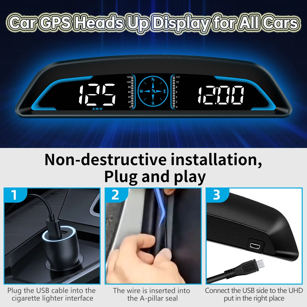 Car GPS Heads Up Display Multi-function Display Area with GPS Speedometer Driving Direction Angle Speed Compass for All Cars