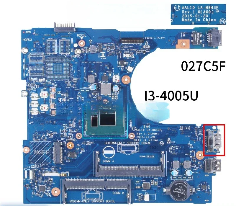 

LA-B843P For Inspiron 5458 5558 5758 Laptop Motherboard AAL10 I3-4005U CN-027C5F 027C5F 27C5F DDR3 Notebook Mainboard HDMI