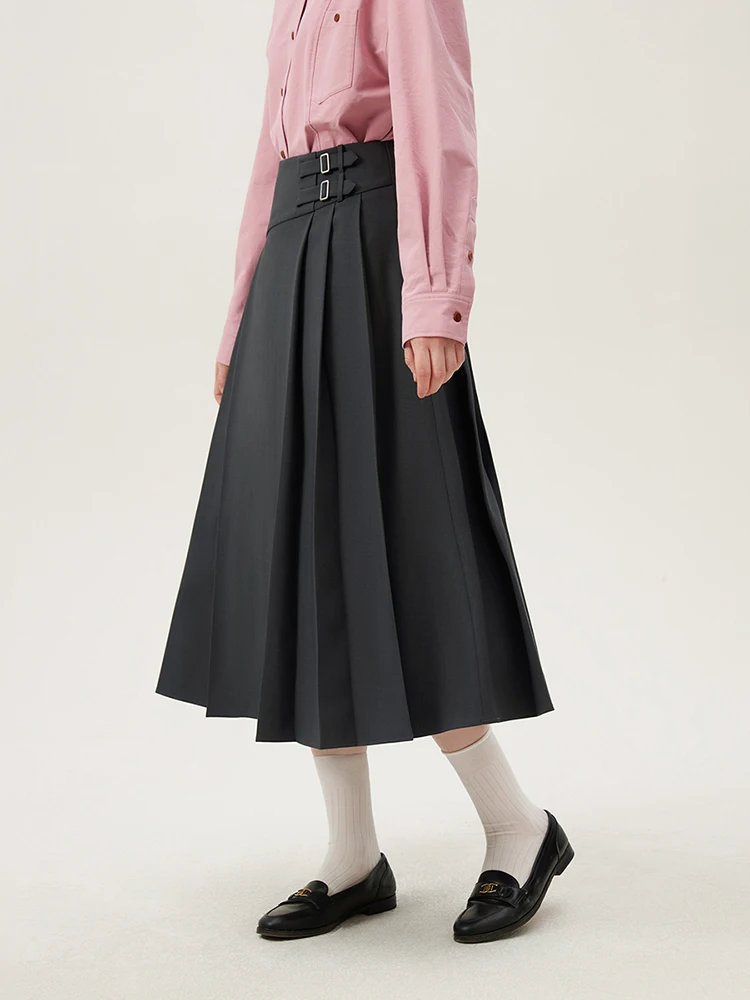 FSLE Gray Temperament A-LINE Skirt For Women Belt Decoration 2024 Spring New Office Lady Pleated Long Skirts 24FS11145