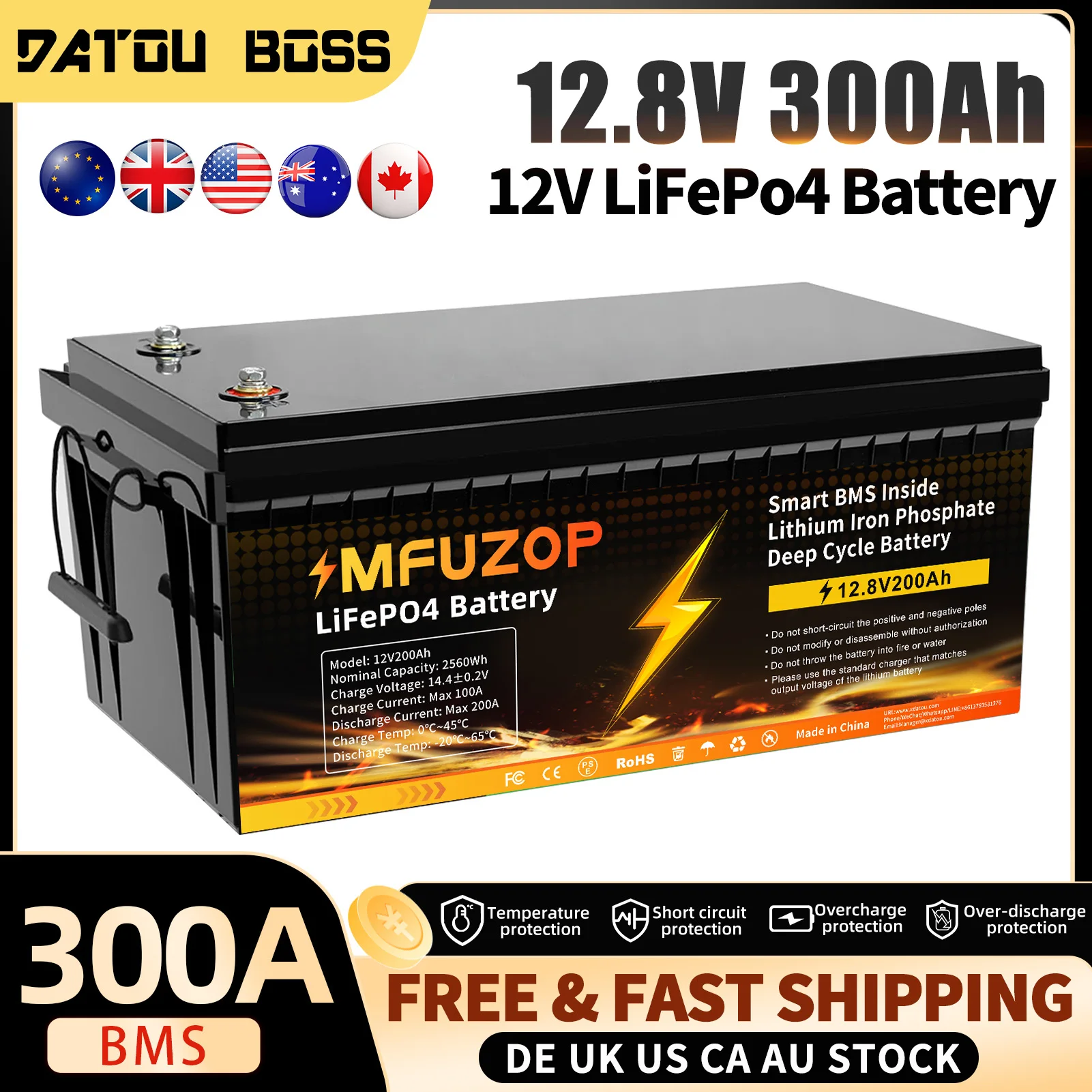 DATOUBOSS 12V 300Ah LiFePO4 Battery Integrated 200A BMS 8000+ Cycles Lithium Battery Max 3840W Power Perfect for Solar