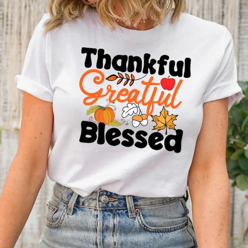 Thankful Grateful Blessed Woman Shirt Fall Thanksgiving Graphic T Shirts Retro Autumn Country Style Cotton Unisex Short-sleev
