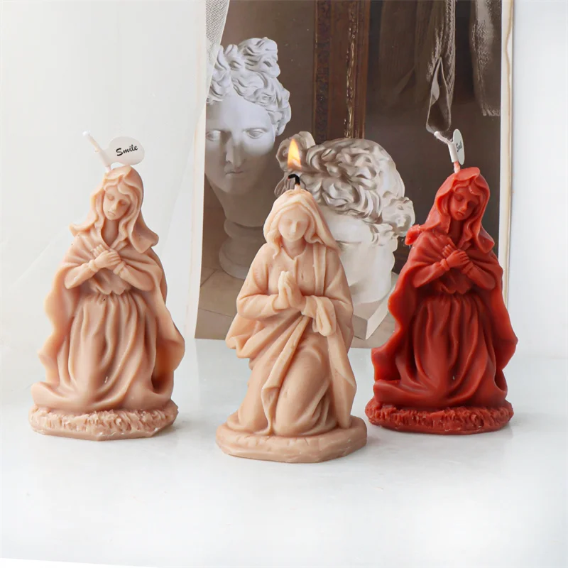 Silicone Religious Praying Holy Virgin Mary Sculpture Casting Mold Blessing Mama Mary Godmother Female Deity Aroma Candle Molds