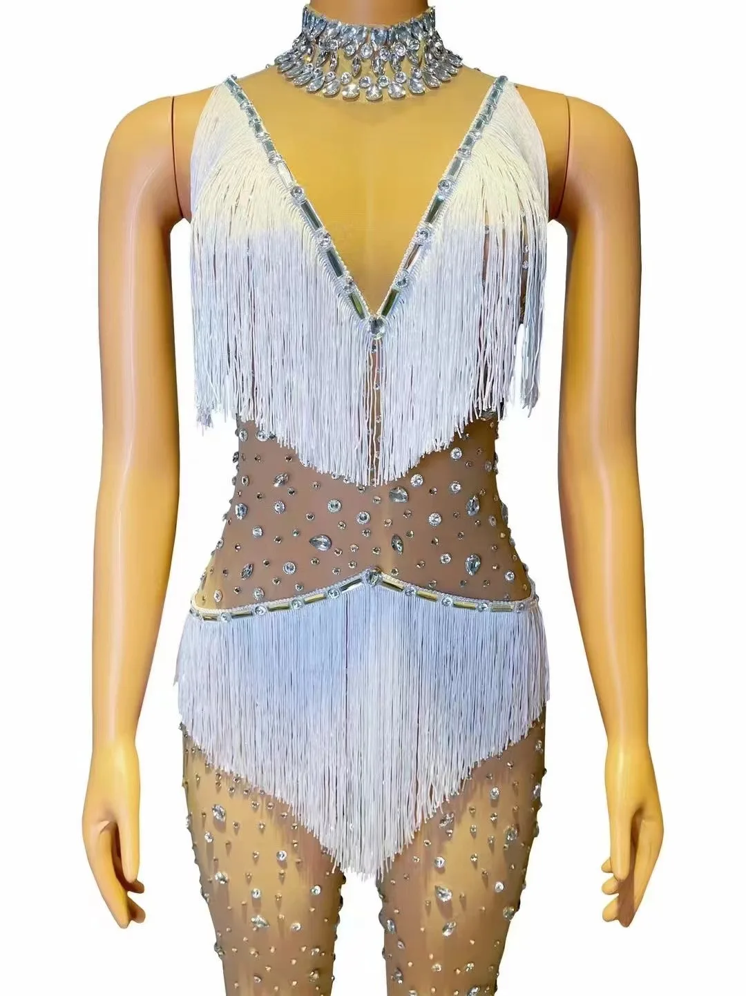 Błyszczące cyrkonie frędzle kombinezon dla kobiet seksowna siatka przezroczysty strój do klubu nocnego piosenkarka tancerz występ na scenie kostium