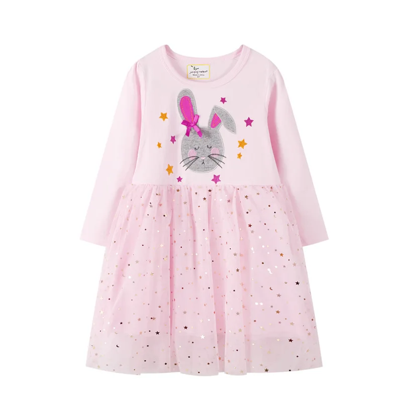 Kids Girls Rabbit Embroidery Long Sleeve Sequins Princess Dresses Children's Clothing Mesh Skirt Toddler Casual Daily Costume