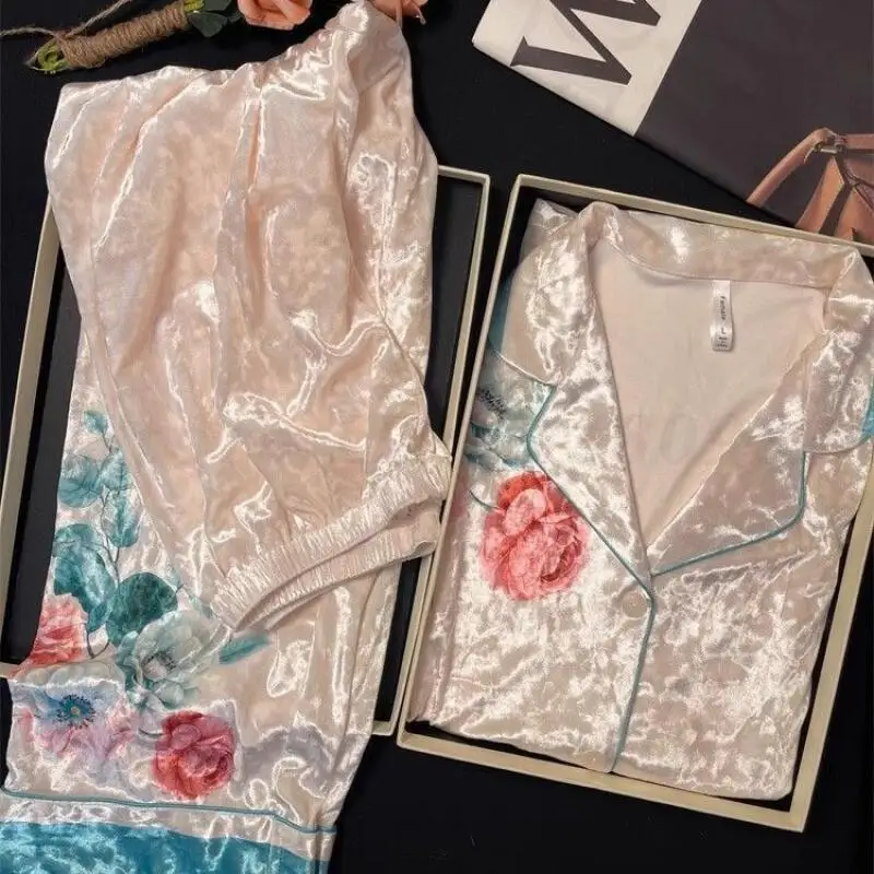 

Velvet Female 2Pcs Pajamas Set Loungewear Elegant Print Flower Trouser Pijamas Suit Autumn Winter New Sleepwear Home Clothes