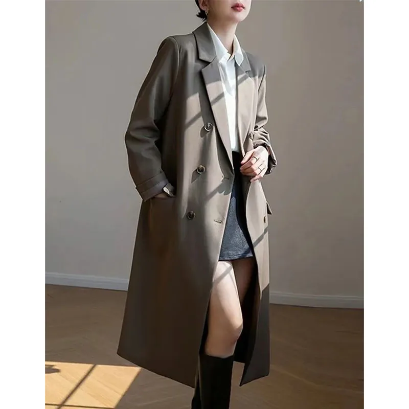 Korean Ladies Solid Color Tops Jacket Autumn Women Casual Double Breasted Long Blazer Coat Spring Female Fashion Patchwork Suit