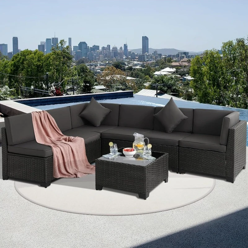 7 Pieces Modular Outdoor Sectional Sofa, Wicker Patio Conversation Set