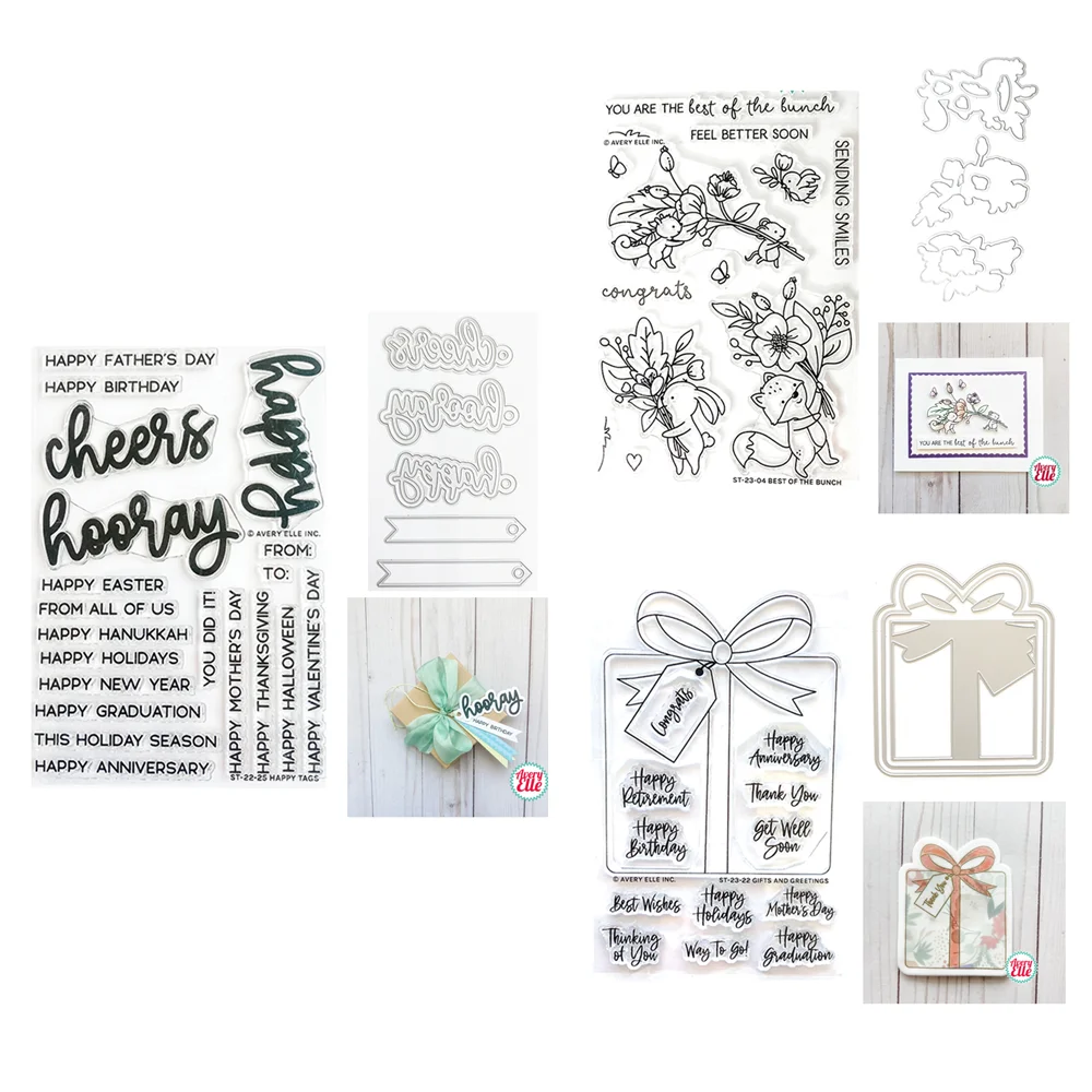 

Cheer Happy Tags Chirstmas Gift Flower New Cutting Dies for Paper Making Clear Stamps Scrapbooking Frame Card