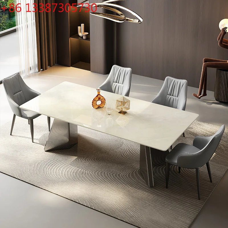 White ice jade pure natural luxury stone dining table modern simple high-end luxury marble home