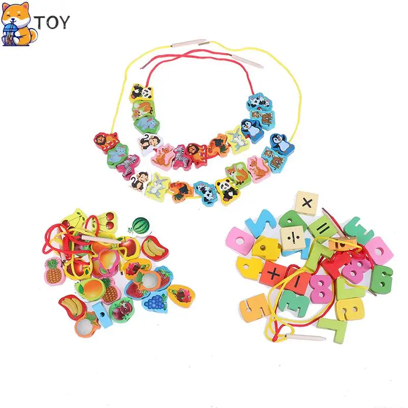 Wooden Toys Baby DIY Toy Cartoon Fruit Animal Arithmetic Stringing Threading Wood Beads Toy Educational for Children