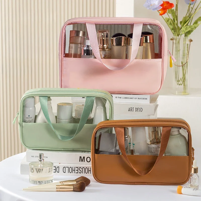 Three piece set Transparent Makeup Bag Portable PU Large Capacity Waterproof Wash Bag Storage Bag PVC Spliced Transparent Bag