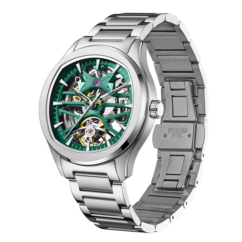 DANIEL GORMAN Men's Skeleton Watch Automatic Watch Stainless Steel Sport Style Wristwatch Hollow Dial Steel Band