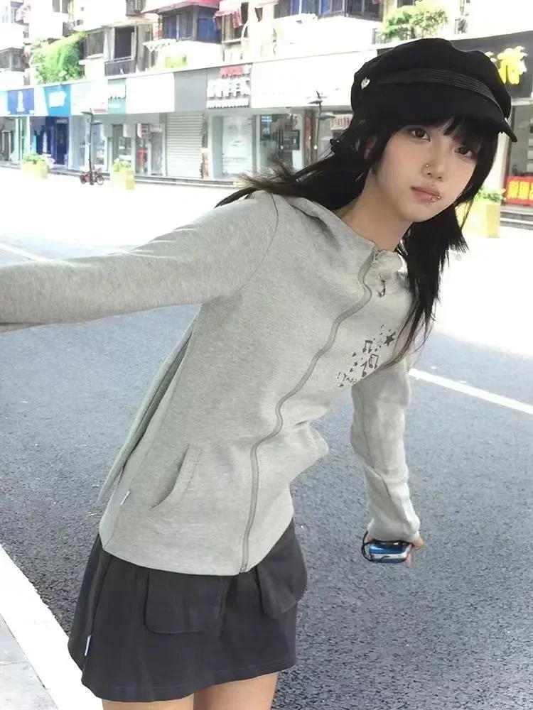 Fashion Sweet Rabbit Ears Hoodie Sweatshirts Y2k Grunge Long Sleeve Zipper Cardigan Coats 2025 New Slim Fit Gray Tops Mujer
