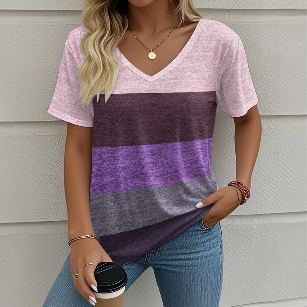 Buntes Streifen-Print-T-Shirt für Damen, Sommer, lässig, V-Ausschnitt, kurzärmelig, modisch, locker, atmungsaktiv, Top, Trend, Damenbekleidung