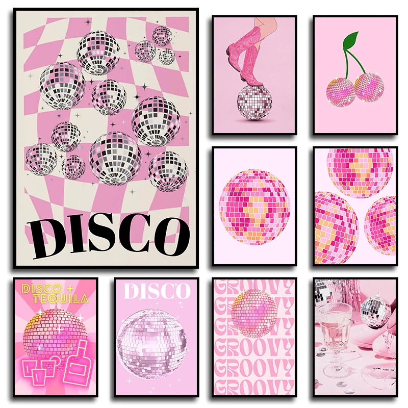 

Pink Disco Ball Dancefloor Disco Party Fashion Poster Prints Retro Wall Art Picture Canvas Painting for Club Bar Room Home Decor