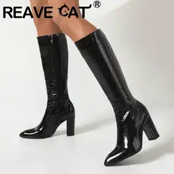 REAVE CAT Womans Knee-high Boots 34cm Pointed Toe Block Heel 8.5cm 46 47 48 Concise Booties S4378