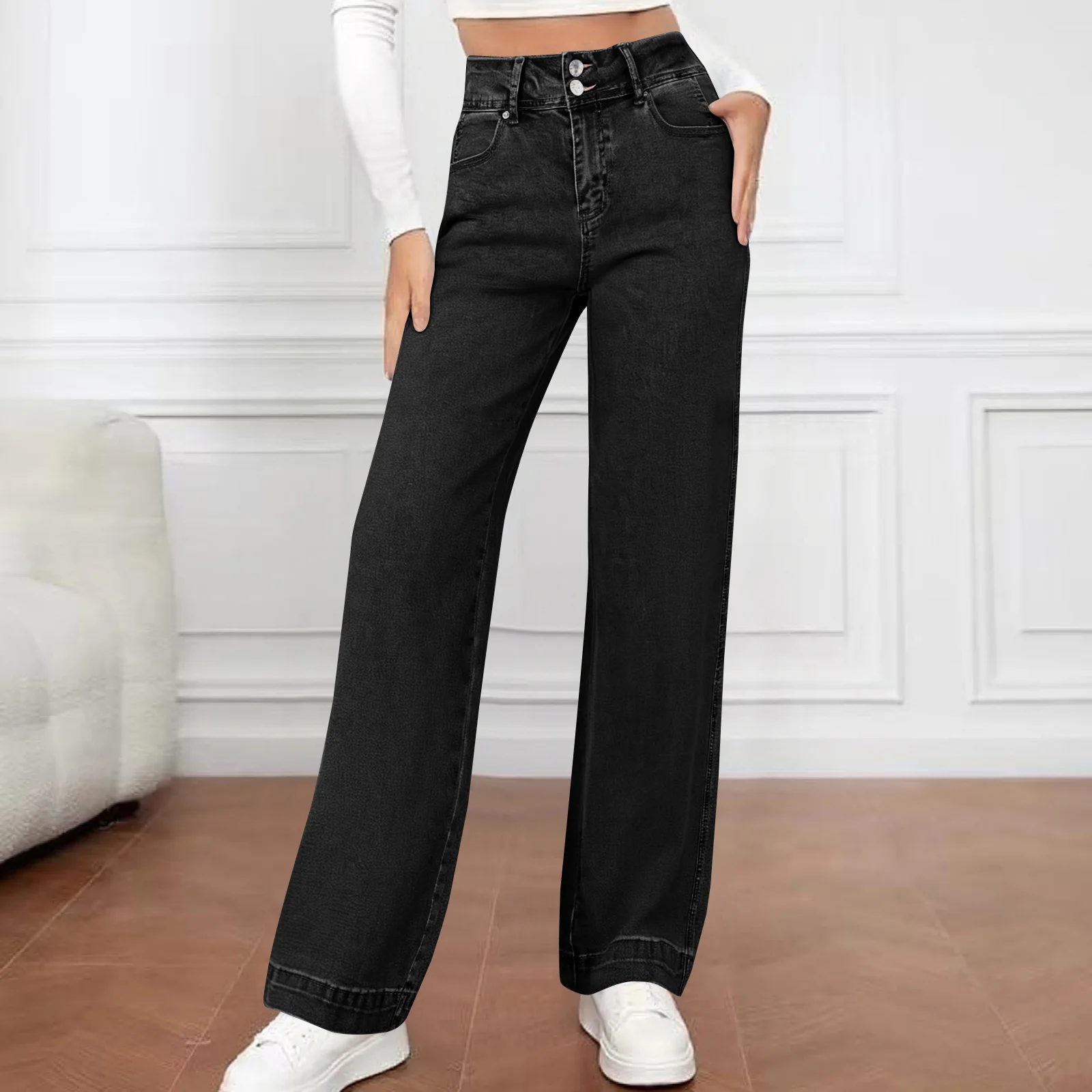 

Ladies' Retro High Waisted Jeans Fashion Double Button Design Straight Wide Leg Denim Trousers Daily Basic All-Match Pants