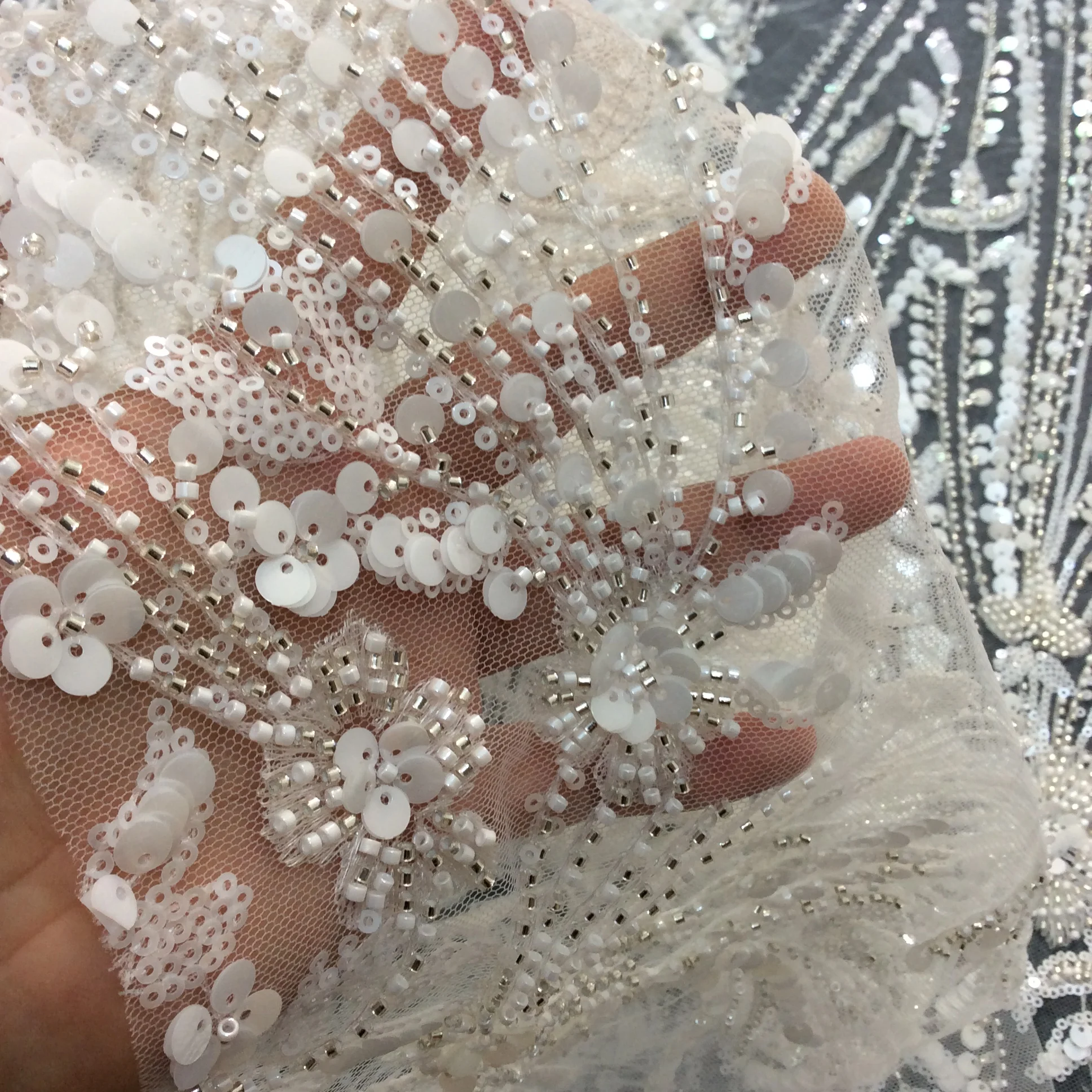 3d Flower Sequins Fabrics White Embroidered Tulle Wedding Fabric High Quality Sell by Yard