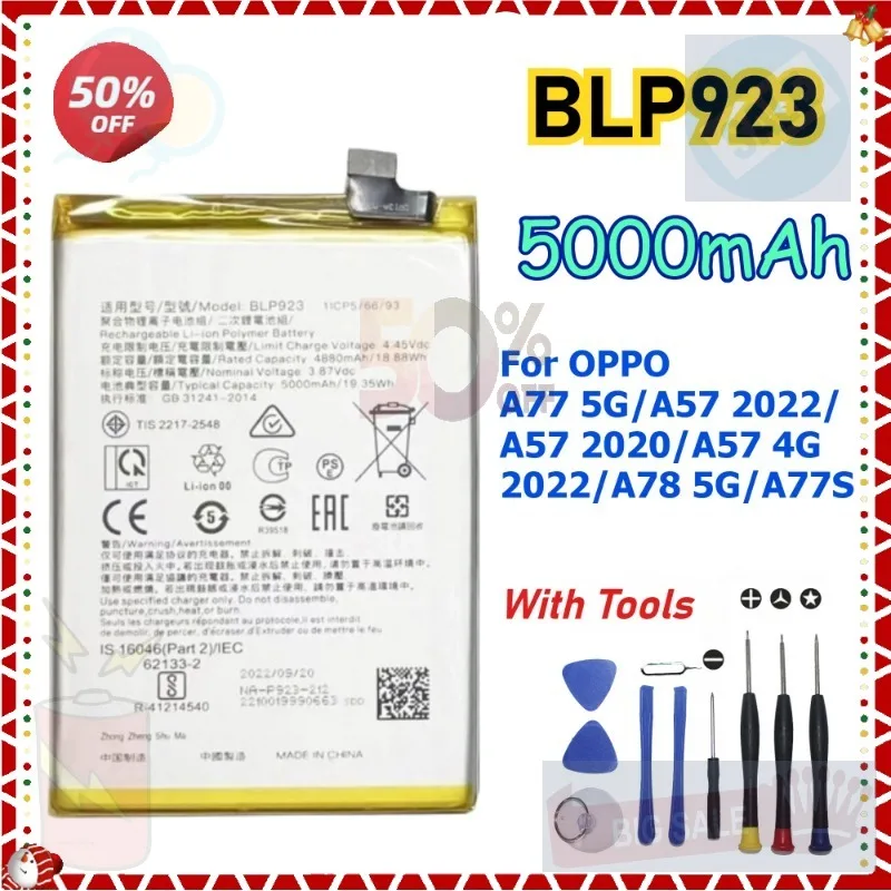 

BLP923 Battery For OPPO A77 5G/ A57 2022/ A57 2020/A57 4G 2022 /A78 5G/A77S Phone Replacement Batteries 5000mAh
