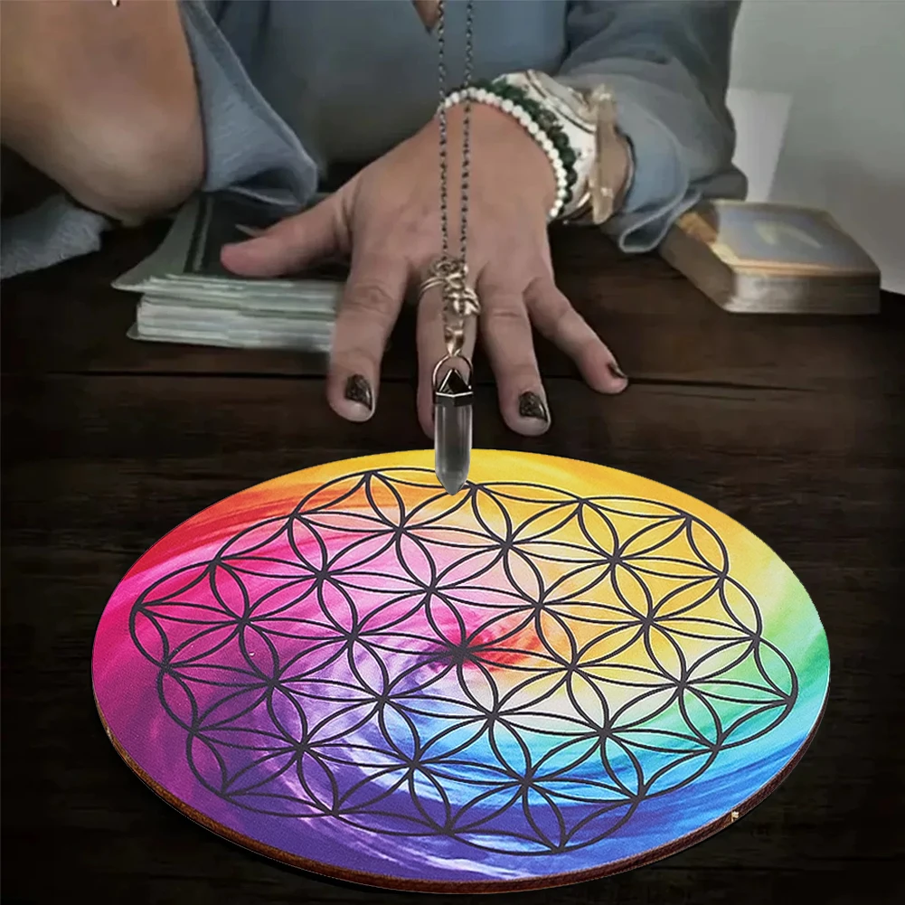 

Мандала Цветок жизни Деревянный коврик Дизайн с лазерной гравировкой Хрустальная каменная сетка Дисплей Тарелка Подставка для стола Термостойкая защита от ожогов