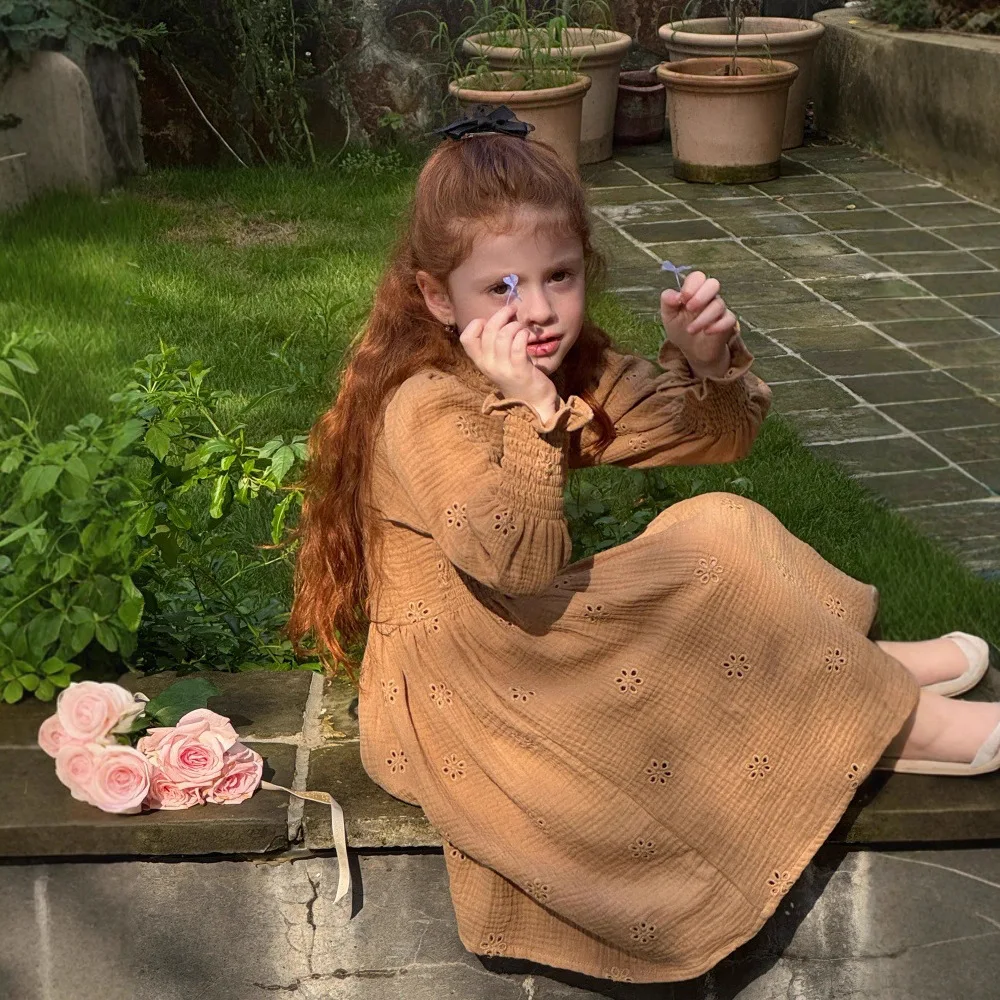 

Primary and secondary school children Hollow Out Embroidery long dress Elegant mori girl 2025 autumn new daily wear